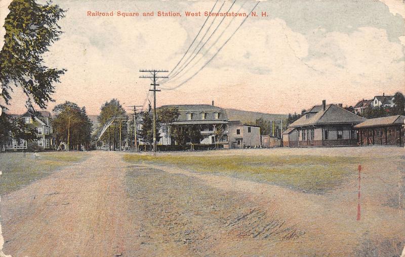 West Stewartstown NH Narrow Dirt Road by Railroad Station & Square~1908 Postcard