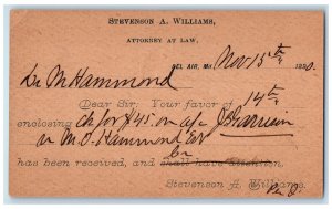 1890 Stevenson A Williams Attorney at Law Bel Air Maryland Postal Card