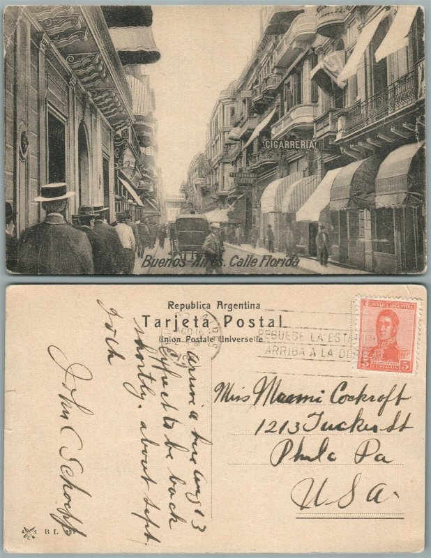 BUENOS AIRES CALLE FLORIDA ARGENTINA ANTIQUE POSTCARD w/ STAMP