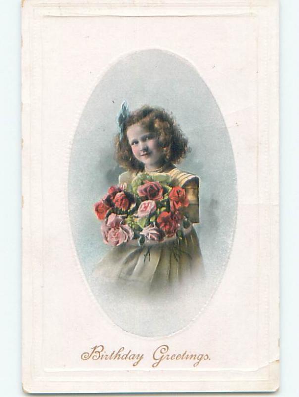 Pre-Linen CUTE GIRL HOLDING LARGE BOUQUET OF ROSES FLOWERS k4371