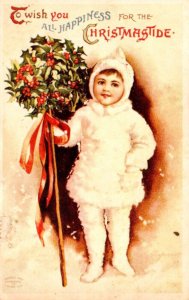 Merry Christmas With Young Girl and Holly Wreath