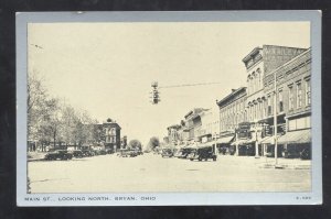 BRYAN OHIO DOWNTOWN MAIN STREET SCENE OLD CARS VINTAGE POSTCARD