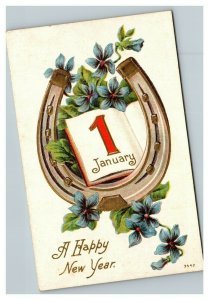 Vintage 1910's New Years Postcard Gold Horseshoe Blue Flowers Calendar
