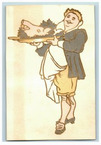 1870s-80s Embossed Victorian Trade Card Man Hog's Head On Tray P215