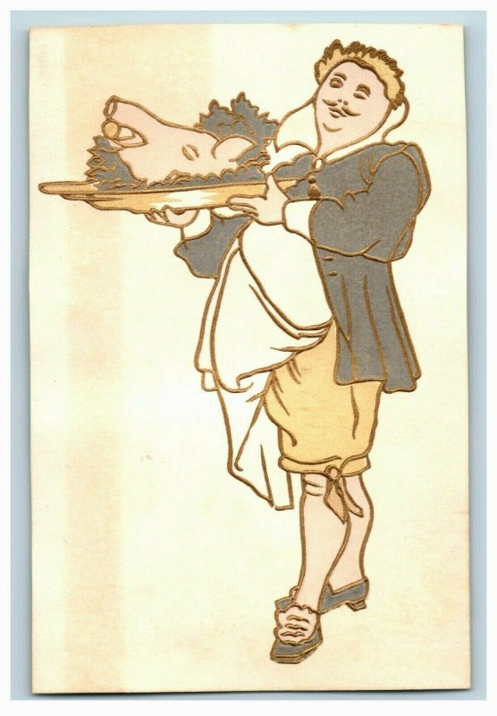 1870s-80s Embossed Victorian Trade Card Man Hog's Head On Tray P215