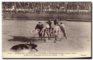 Postcard Old Bull Bullfight The Arrastre The dead bull is attached and dragge...