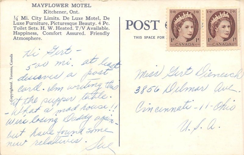 Kitchener Canada 1950s Postcard Mayflower Motel