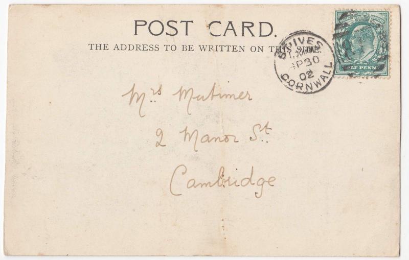 Cornwall; St Ives, Carbis Bay PPC, 1902 PMK, To Mrs Mortimer, Cambridge