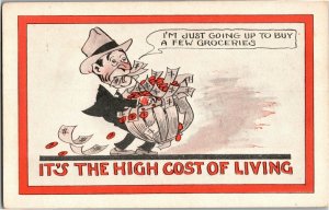 High Cost of Living Man with Bushel of Cash for Groceries Vintage Postcard B11