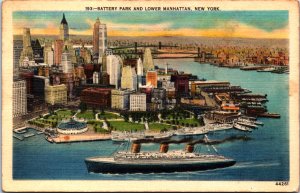 USA Battery Park And Lower Manhattan New York City Linen Postcard C024