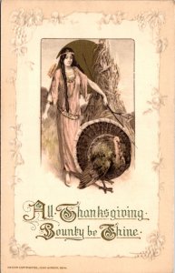 Winsch 1914 Thanksgiving Postcard Indian Woman with a Turkey