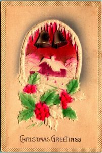 Christmas Greetings Holly Icicles Airbrushed High Relief Embossed Postcard C4