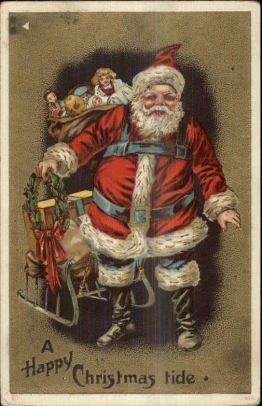 Christmas - Santa Claus #1909 Toys on Sleigh - Gold c1910 Postcard