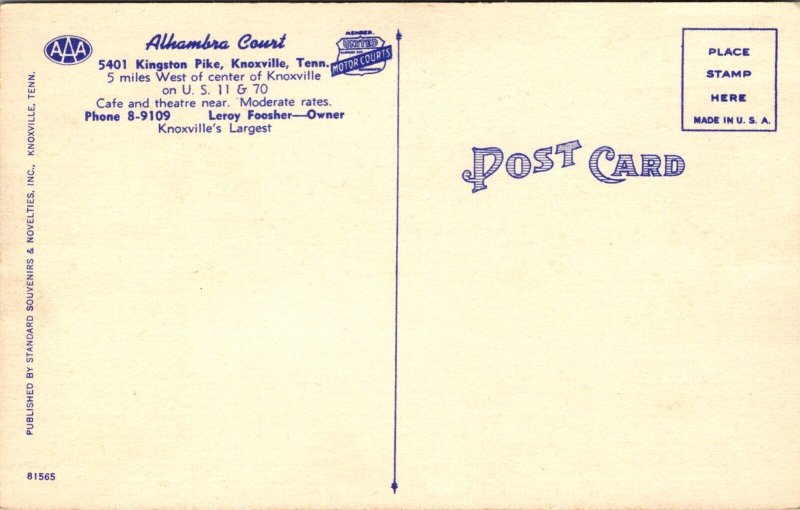 Linen Postcard Alhambra Court on U.S. 11 and 70 in Knoxville, Tennessee