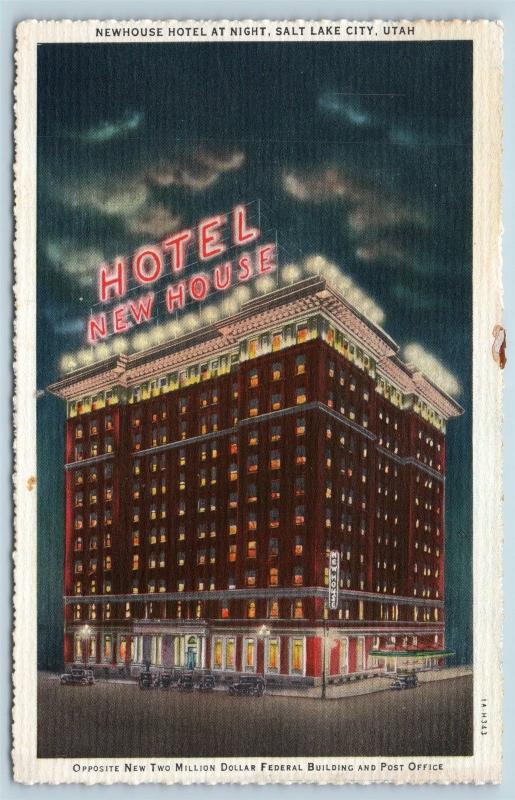 Postcard UT Salt Lake City Newhouse Hotel at Night Vintage Linen N11