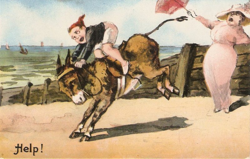 Child. Dangerous donkeys riding. Help!... Humorous old vintage English PC