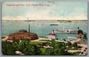 Postcard New York City NY c1913 Aquarium And New York Harbor Steamer Ferries