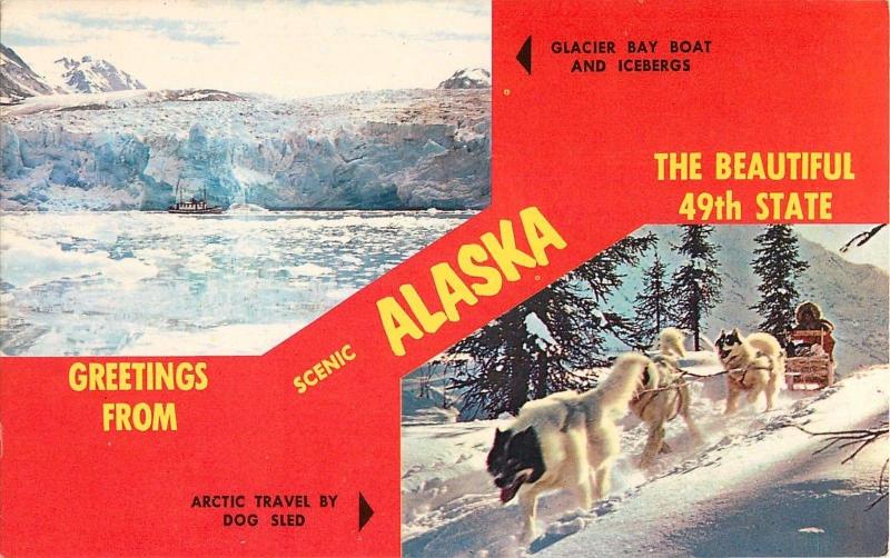 Glaciers Fishing Boat Dog Sled Arctic Greetings from Alaska Postcard