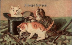 New Year New Year's Day Kittens Cats in Top Hat c1910 Vintage Postcard