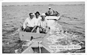 BEACH HAVEN NEW JERSEY~GOING FISHING-MEN IN TOWED BOAT POSTCARD