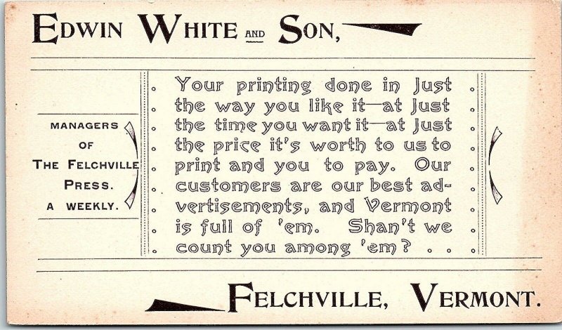 Ephemera VT Edwin White & Son Managers Felchville Press Weekly Business Card