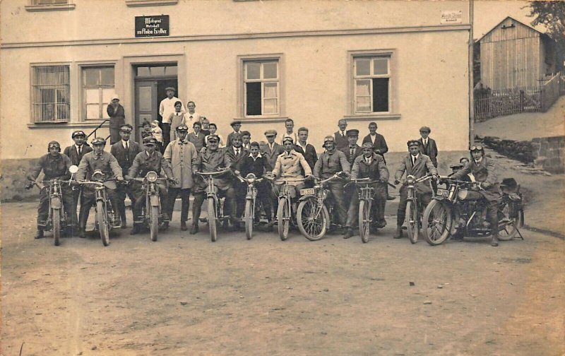 Germany Butcher's Shop Anlon horler Motorcycle Group Real Photo Postcard