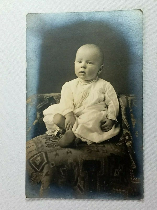 Vintage Postcard Baby on Chair in White Dress Portrait RPPC