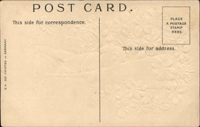 New Year's Angel Champagne Flute Clover Embossed c1910s Postcard