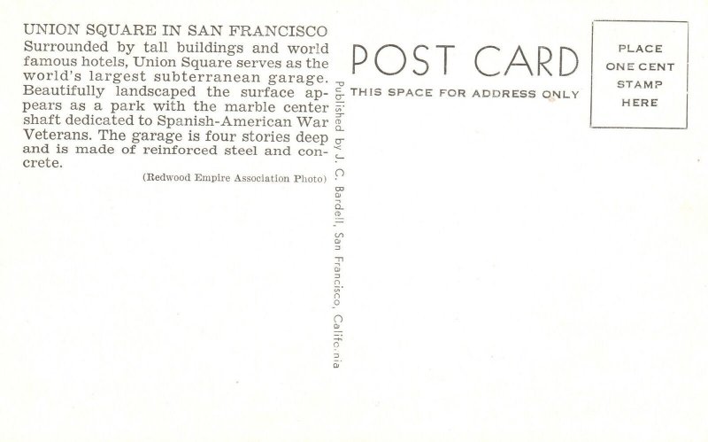 Vintage Postcard 1920's View of Union Square San Francisco California CA