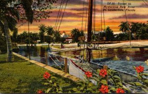 Florida Fort Lauderdale New River Sunset 1956 Curteich