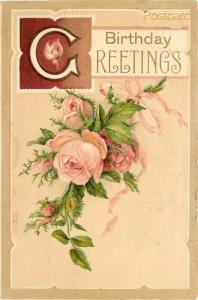 Greetings Card, Birthday, Pink Roses, Pink Ribbon, Embossed