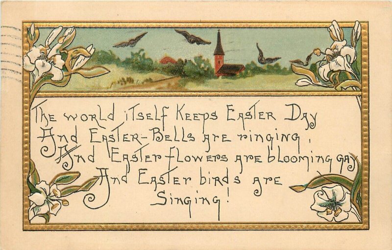 Embossed HBG Postcard; Easter Lily Gold Border Country Scene, posted 1910