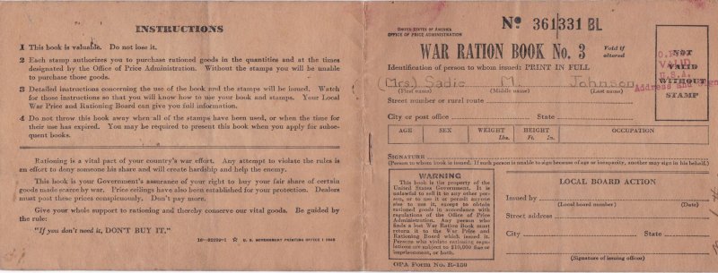 World Warr II War Ration Book No 3 Mrs Sadie M Johnson