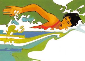 Artwork By Robert Peak, Used For Design Of Women Swimming Stamp  