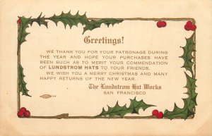 Postcard San Francisco CA Advertising New Year Christmas Lundstrom Hat Works