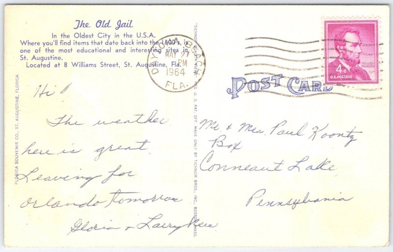 Vintage Linen Old Jail St. Augustine Florida Postcard 1964