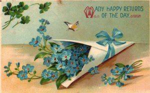 1917 Many Happy Returns Of The Day Birthday Forget Me Nots, Vintage Postcard