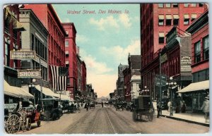 c1910s Des Moines, IA Walnut St PC Downtown Roadside Busy Scene Store Signs A274