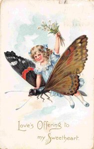 Small Girl Riding Butterfly Fantasy 1908 Tuck postcard