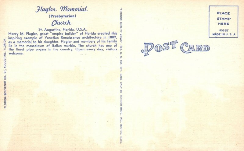 Flagler Memorial Church Howard Lee St. Augustine Florida FL Vintage Postcard