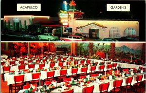 Acapulco Gardens Sign Classic Cars Int Dining Room Oceanside CA Chorme Postcard