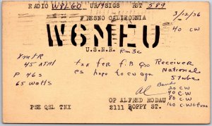 1936 QSL Radio Card Code W6MEU Fresno California Amateur Station Posted Postcard