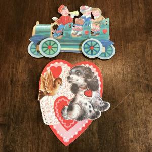 2 Small Valentines: Gibson Hinged Heart w/ Dog & Bird + Stand-Up Car