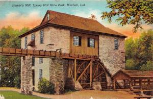 Mitchell Indiana~Spring Mill State Park~Hamer's Grist Mill~1940s Linen Postcard