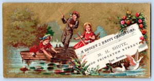 1880-90's VICTORIAN CHRISTMAS TRADE CARD M H SHUTE PRINCETON ST BOSTON MA BOAT