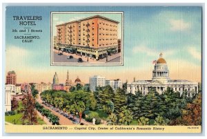 c1940 Travelers Hotel Capital City Center History Sacramento California Postcard