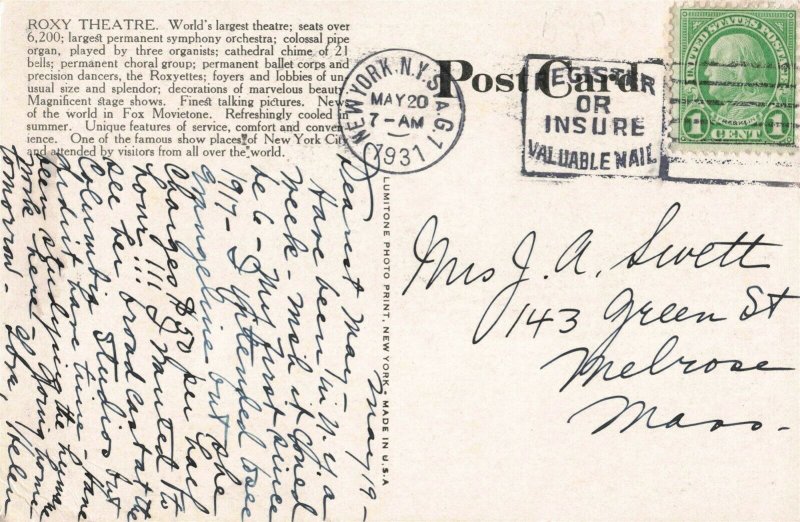 c.1915-30 Roxy Theatre New York City Fox Movietone Lumitone Postcard 2T7-121 