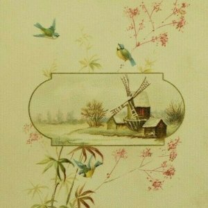 1880's German Religious Card Bible Quote Windmill Birds Fab! P194