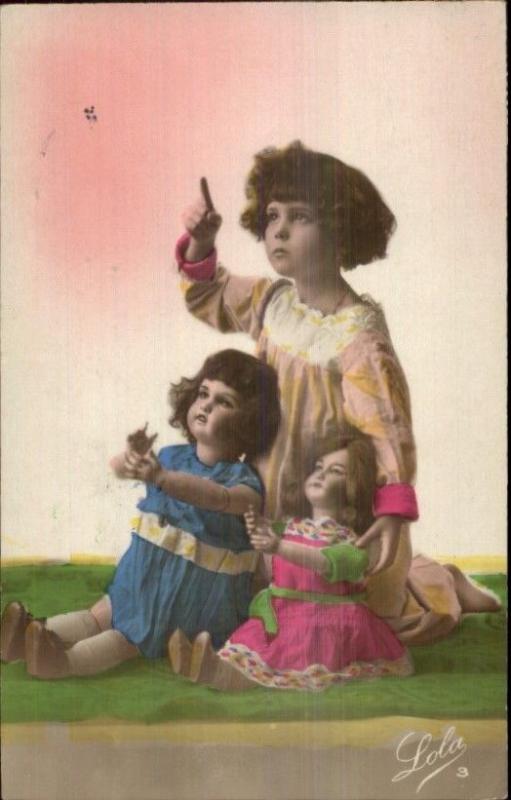 Little Girl & Her Dolls - Art Deco LOLA Real Photo Postcard c1920s