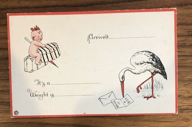 Old Post Card Birth Announcement Flying Stork Newborn Baby Bring Us A Boy